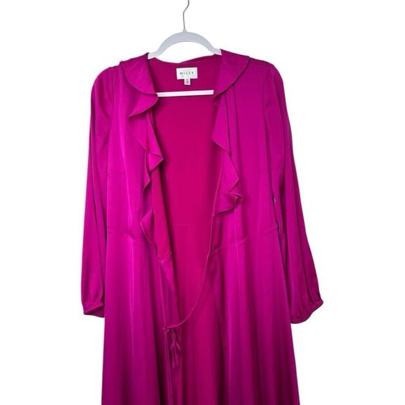 Milly Halley Fuschia Pink Faux-Wrap Satin Midi Dress Size 6 Ruffle Neiman Marcus - Picture 2 of 8